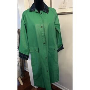 VTG 80s Lot One Inc of Boston Green Rain Coat PVC Tartan Liner Medium ROCKABILLY
